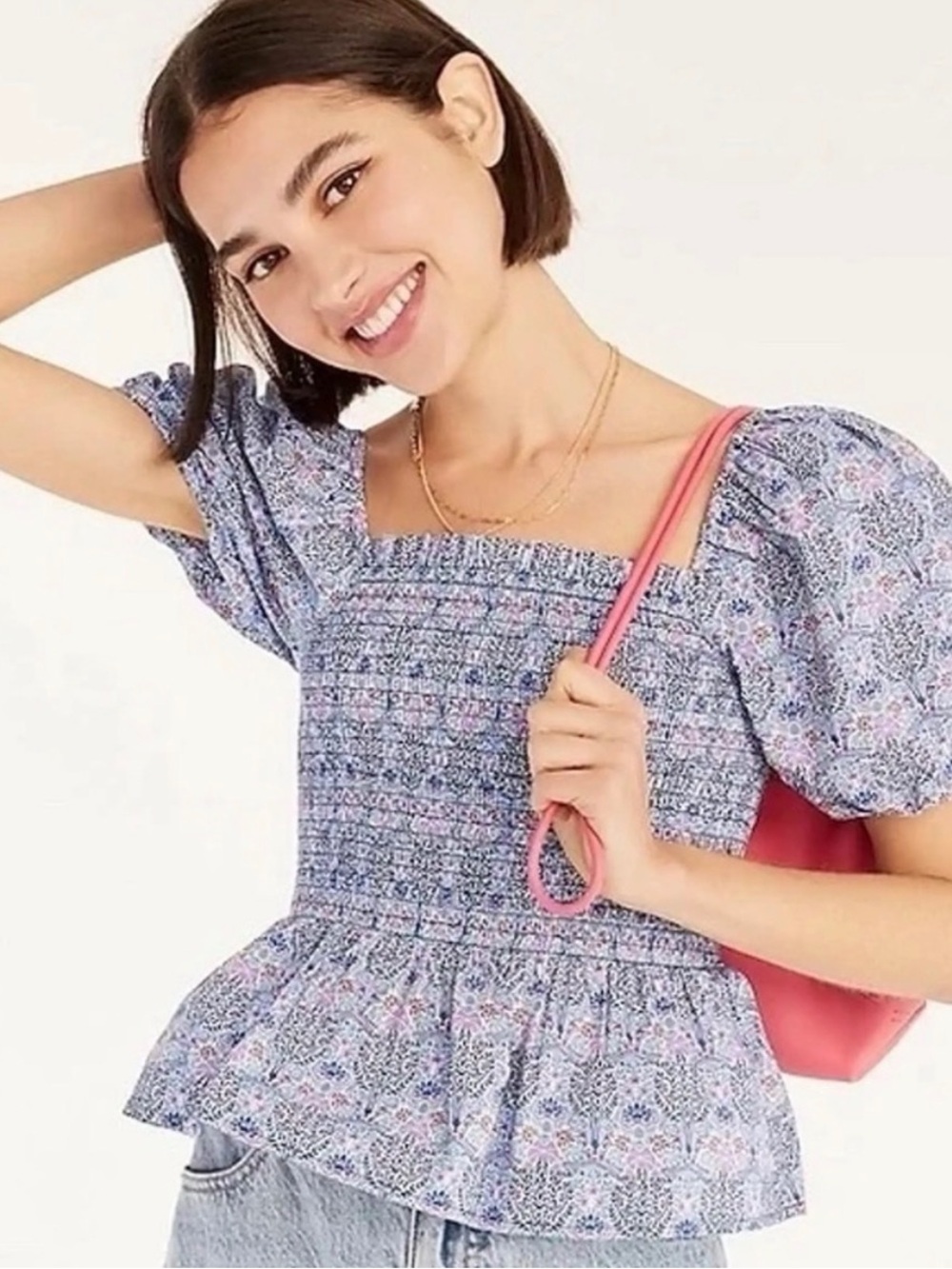 J.Crew X Liberty Fabrics Club Nouveau Floral Smocked Square Neck Blouse Size Md